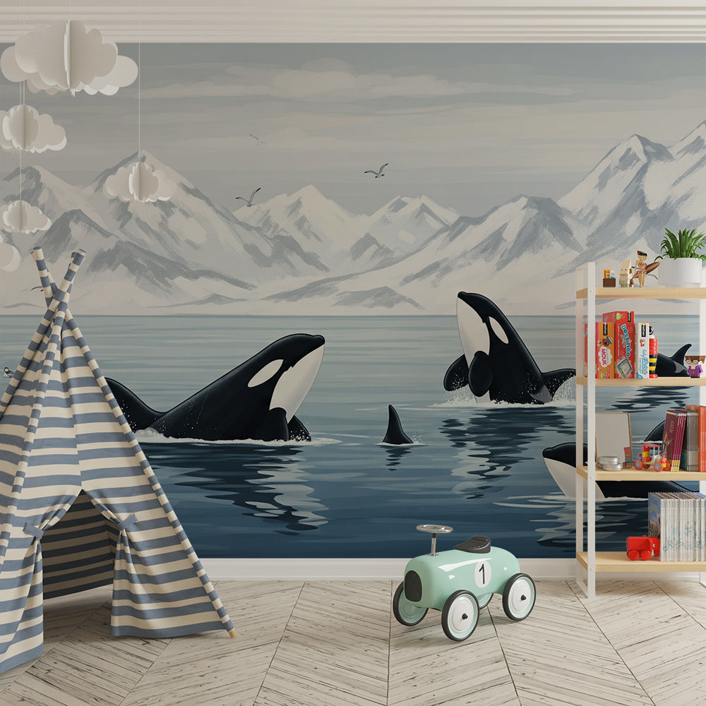 Kids-Mundo breaching orcas mural covering a playroom wall, made-to-measure seascape wallpaper.