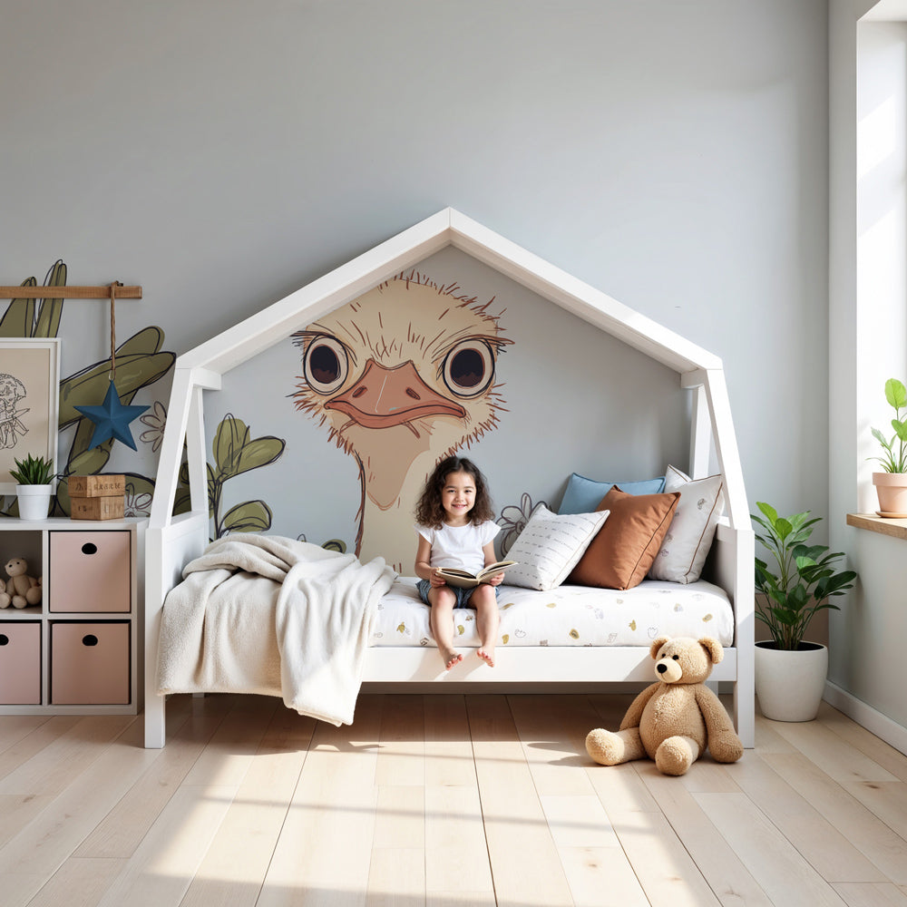 Curious ostrich mural wallpaper in modern nursery with natural wood furniture by Kids-Mundo
