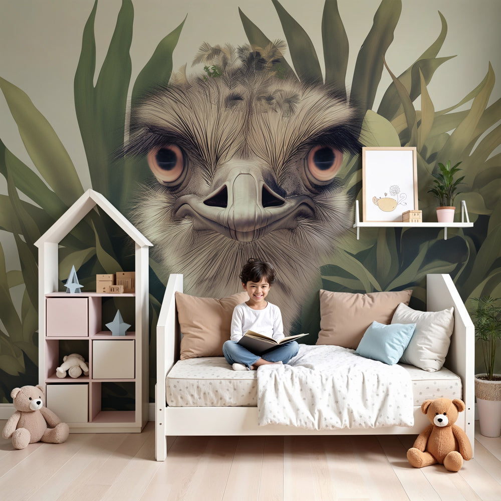Ostrich mural wallpaper with tropical leaves decorating modern children's nursery by Kids-Mundo