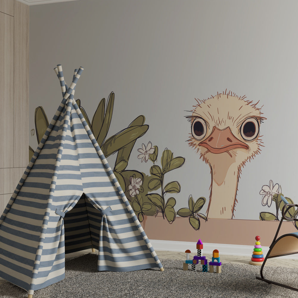 Nature-themed ostrich mural wallpaper transforming kids playroom into wildlife sanctuary