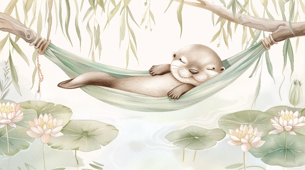 Detailed otter hammock mural wallpaper design pattern with water lilies by Kids-Mundo