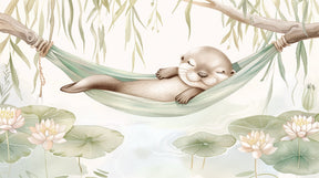 Detailed otter hammock mural wallpaper design pattern with water lilies by Kids-Mundo
