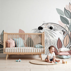 Curious otter mural wallpaper in soft pastels decorating modern nursery by Kids-Mundo