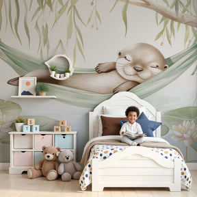 Peaceful otter hammock mural wallpaper in modern nursery room by Kids-Mundo