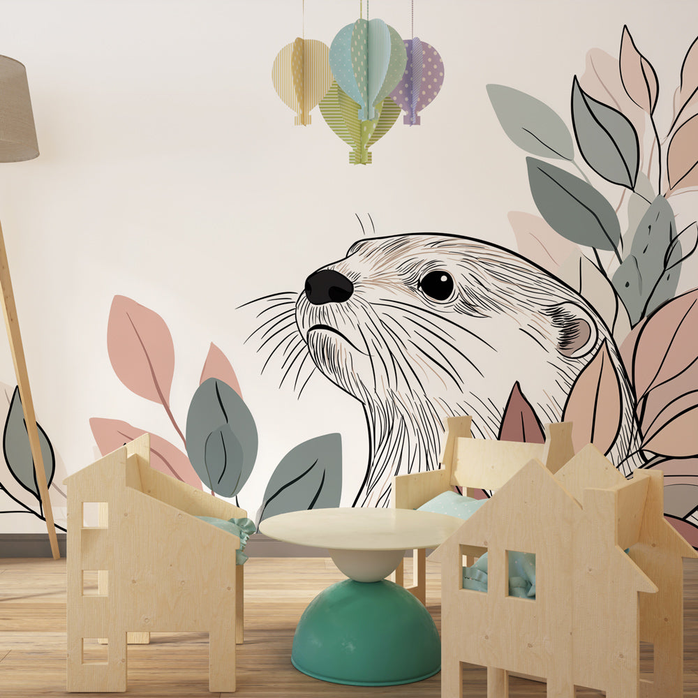 Animal mural wallpaper with cute otter and leaves transforming kids playroom space