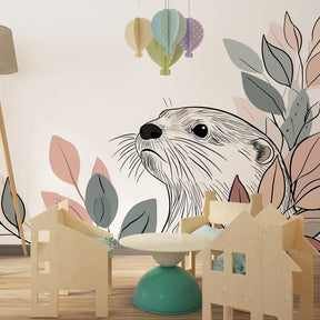 Animal mural wallpaper with cute otter and leaves transforming kids playroom space