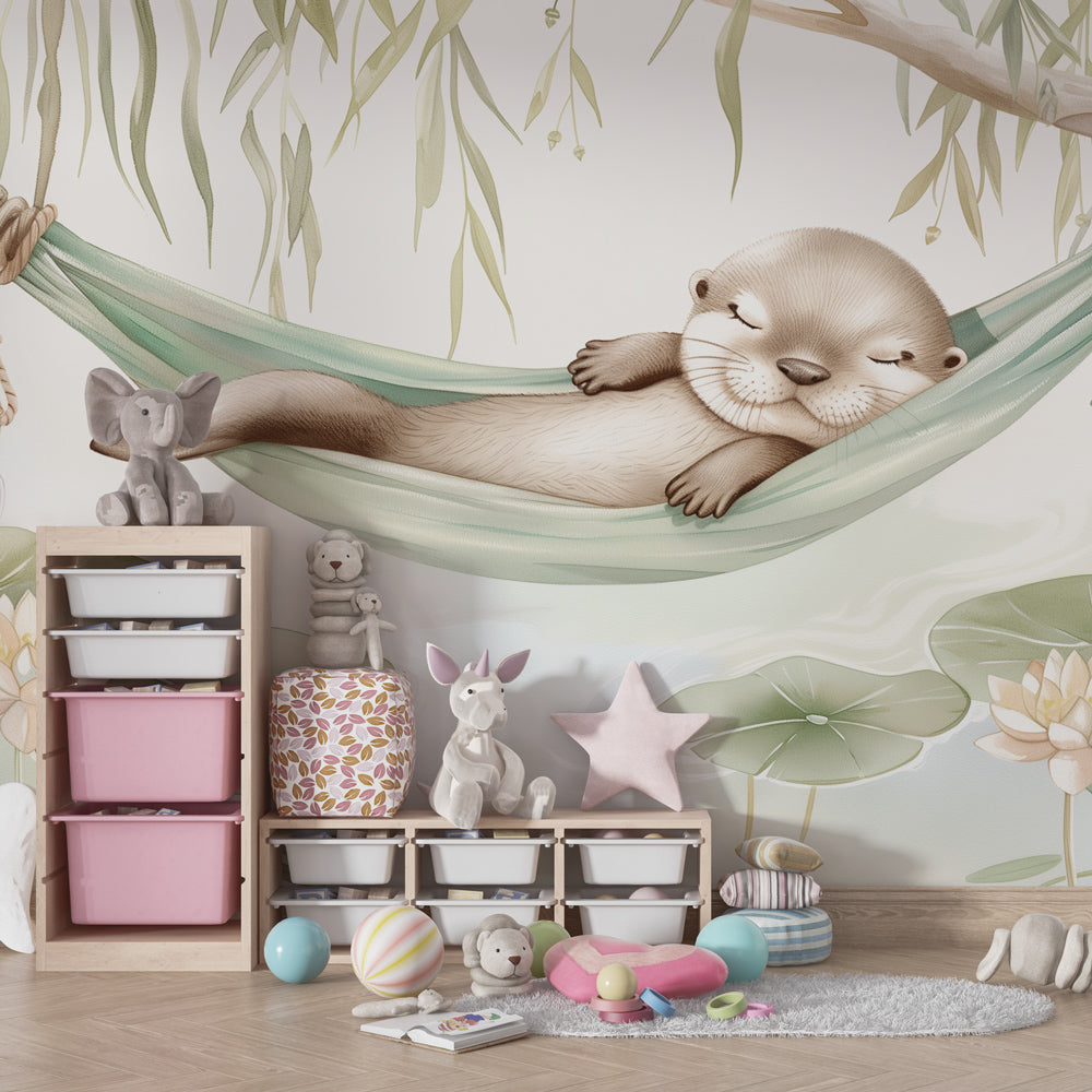 Nature-inspired otter wallpaper transforming children's reading corner into peaceful woodland space