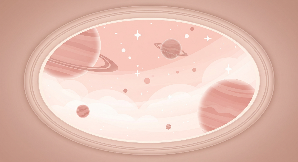 Kids-Mundo flat artwork of an oval window framing ringed planets, stars and soft clouds.
