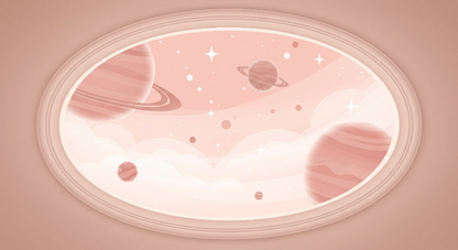 Kids-Mundo flat artwork of an oval window framing ringed planets, stars and soft clouds.