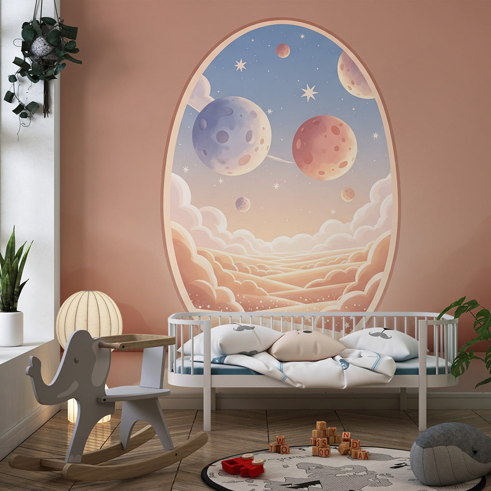 Kids-Mundo dusky sky and planets wall mural styled in a calm kids bedroom