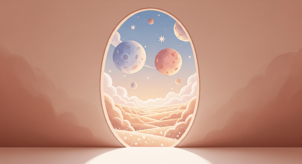 Kids-Mundo flat artwork preview of the oval window planets at dusk wall mural design