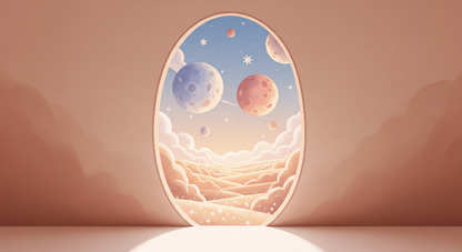 Kids-Mundo flat artwork preview of the oval window planets at dusk wall mural design