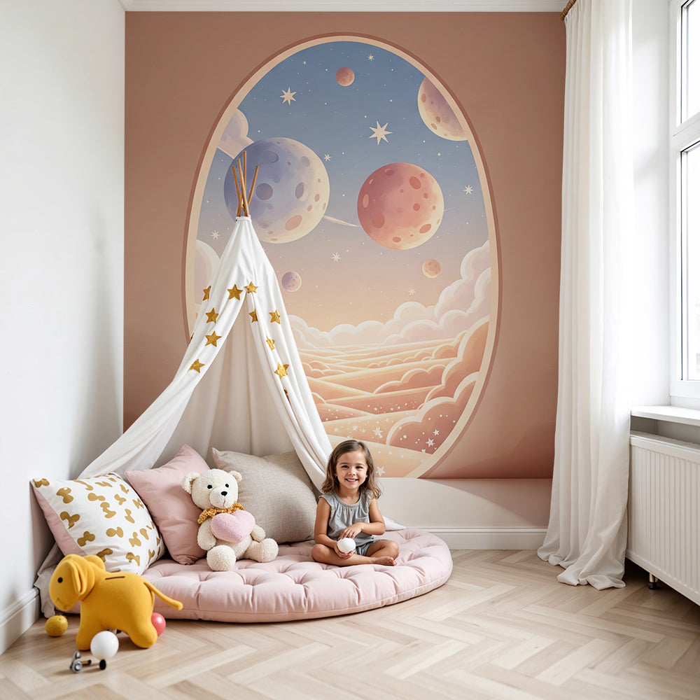 Kids-Mundo oval window planets at dusk wall mural in a soft blue baby nursery