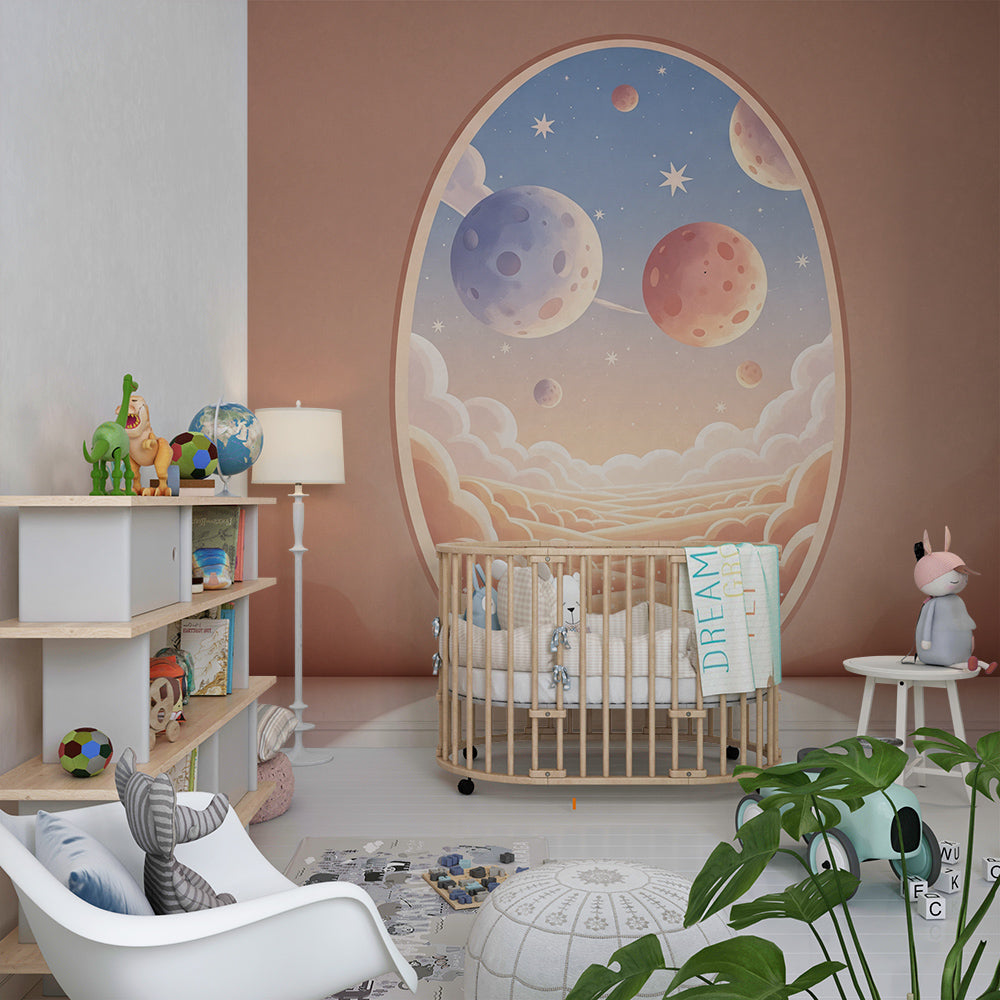 Kids-Mundo oval window space wall mural featured in a bright children's playroom