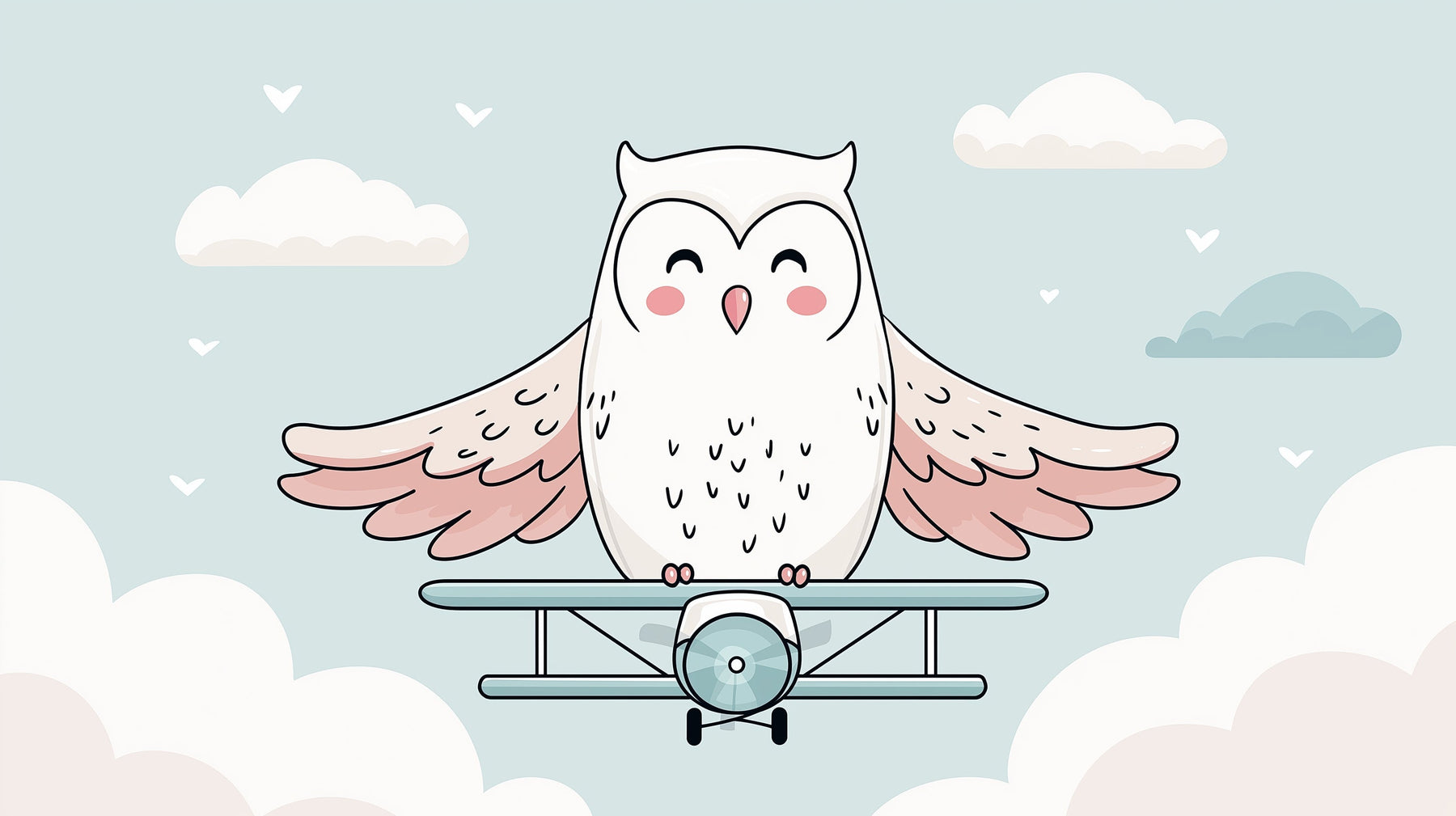 Detailed owl pilot mural wallpaper design pattern with clouds and airplane by Kids-Mundo