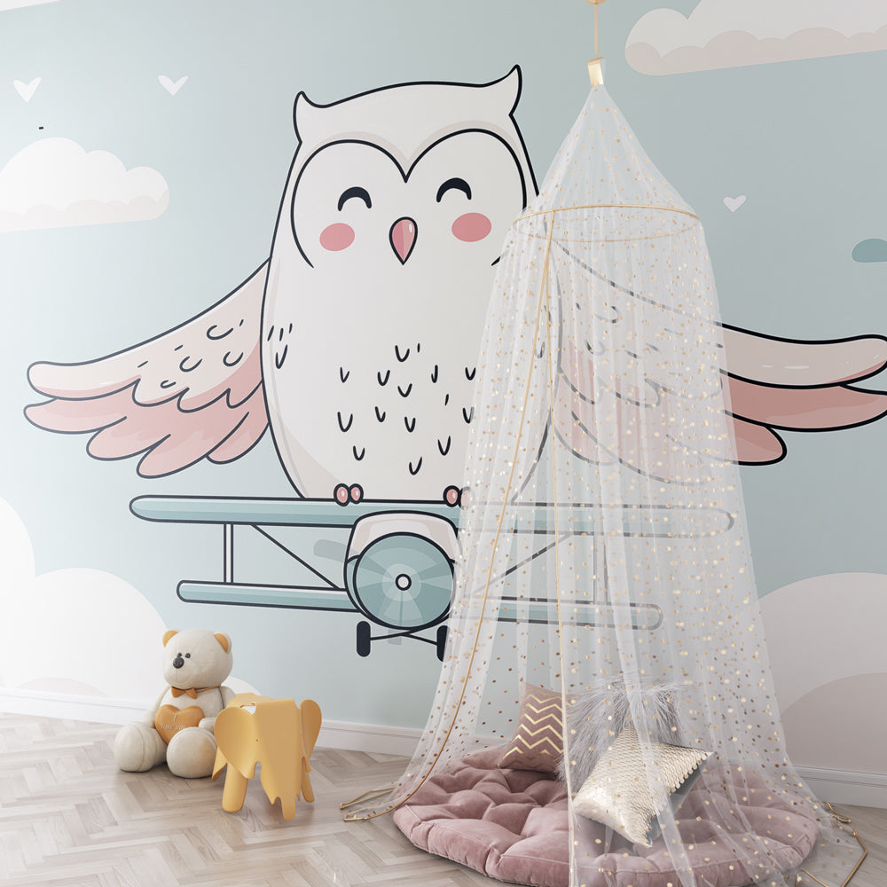 Whimsical owl aviation wallpaper creating magical sky atmosphere in child's room