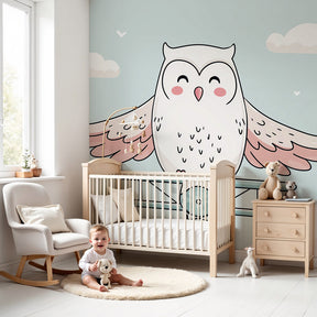 Owl aviator mural wallpaper in modern nursery with flying owl pilot theme by Kids-Mundo
