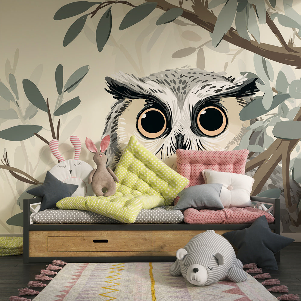 Nature-themed owl wallpaper in modern children's bedroom with natural wood furniture