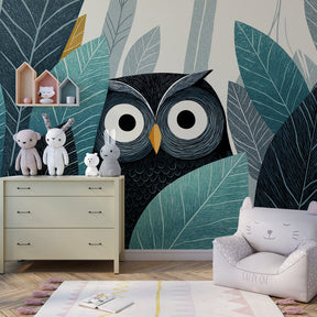 Mystical owl wallpaper creating enchanting forest atmosphere in children's bedroom
