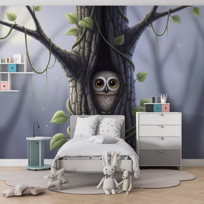 Enchanted forest owl wallpaper in modern children's bedroom with natural wood furniture