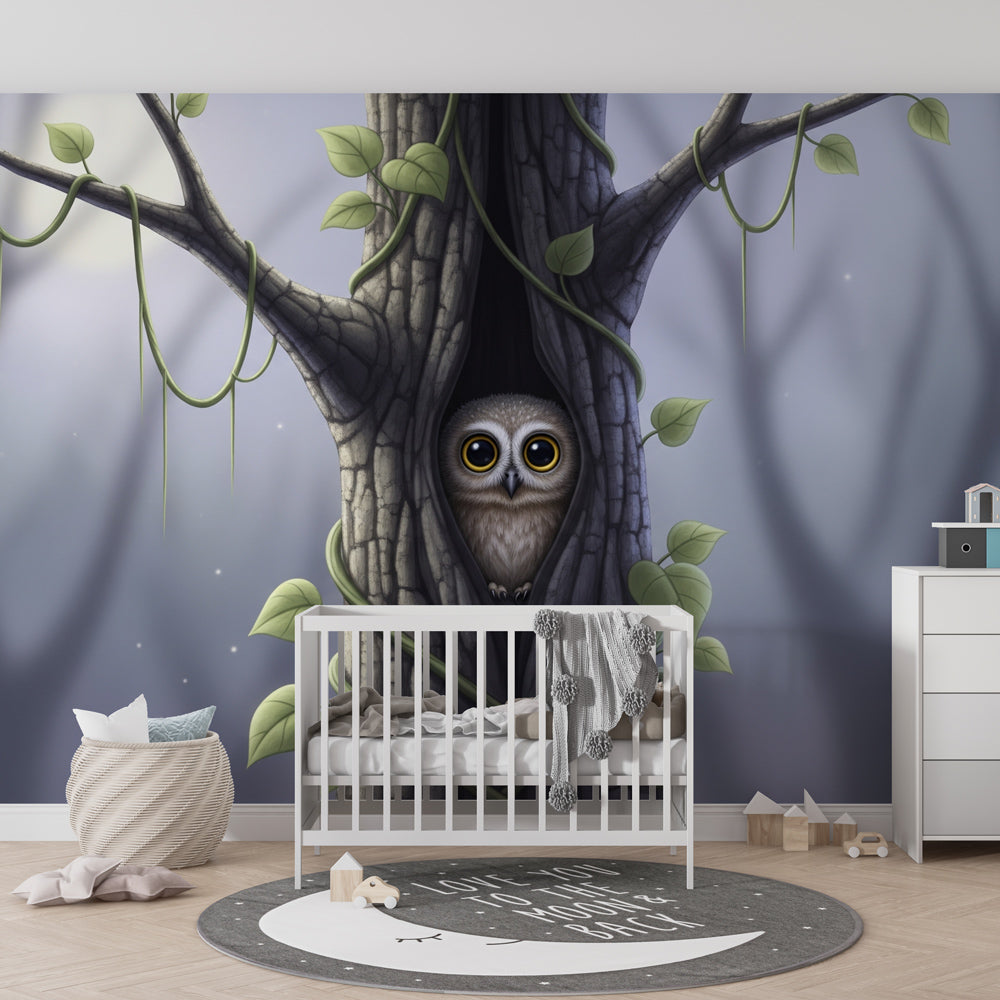 Woodland owl mural wallpaper creating magical reading corner for kids by Kids-Mundo