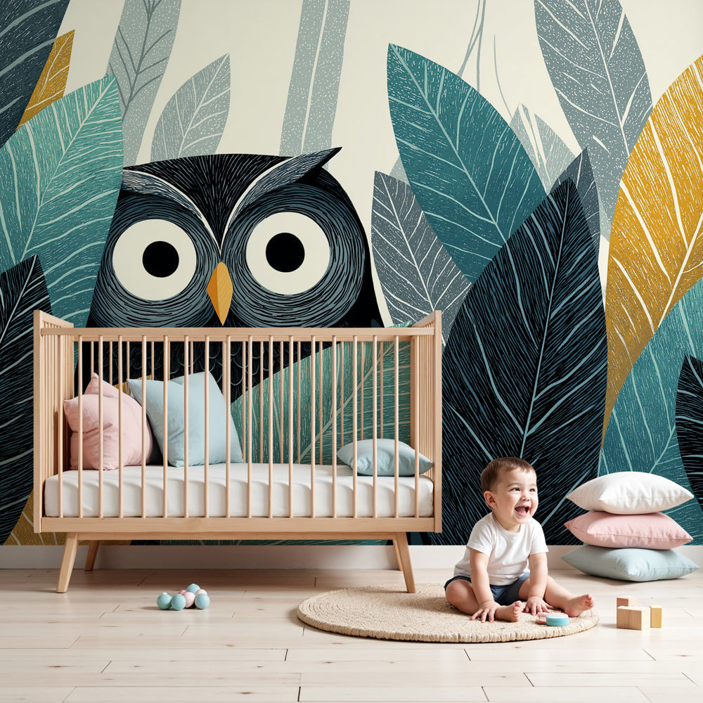 Owl forest mural wallpaper decorating modern nursery with woodland theme by Kids-Mundo