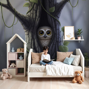 Owl forest mural wallpaper creating enchanted woodland nursery decor by Kids-Mundo