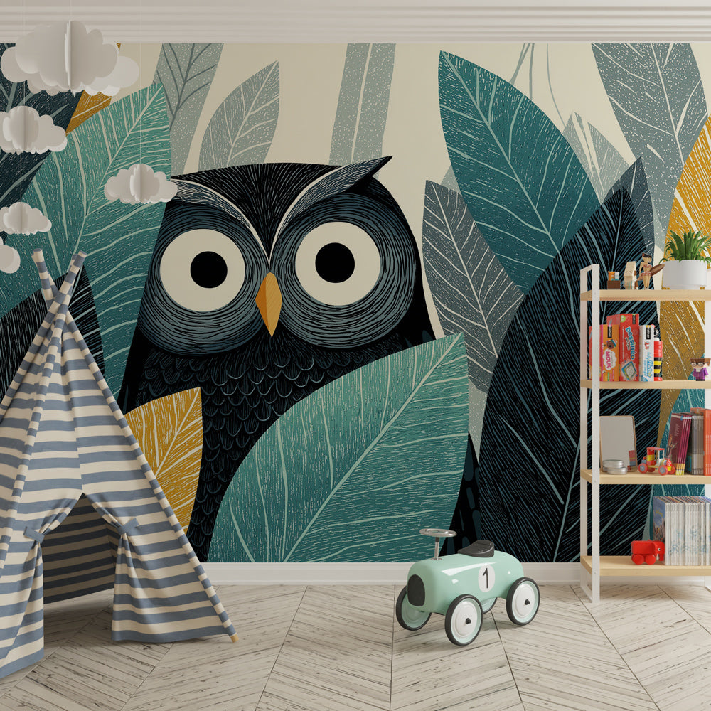 Forest owl mural wallpaper transforming kids playroom with vibrant woodland design