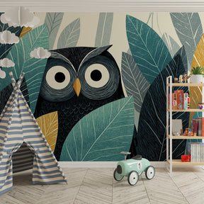 Forest owl mural wallpaper transforming kids playroom with vibrant woodland design