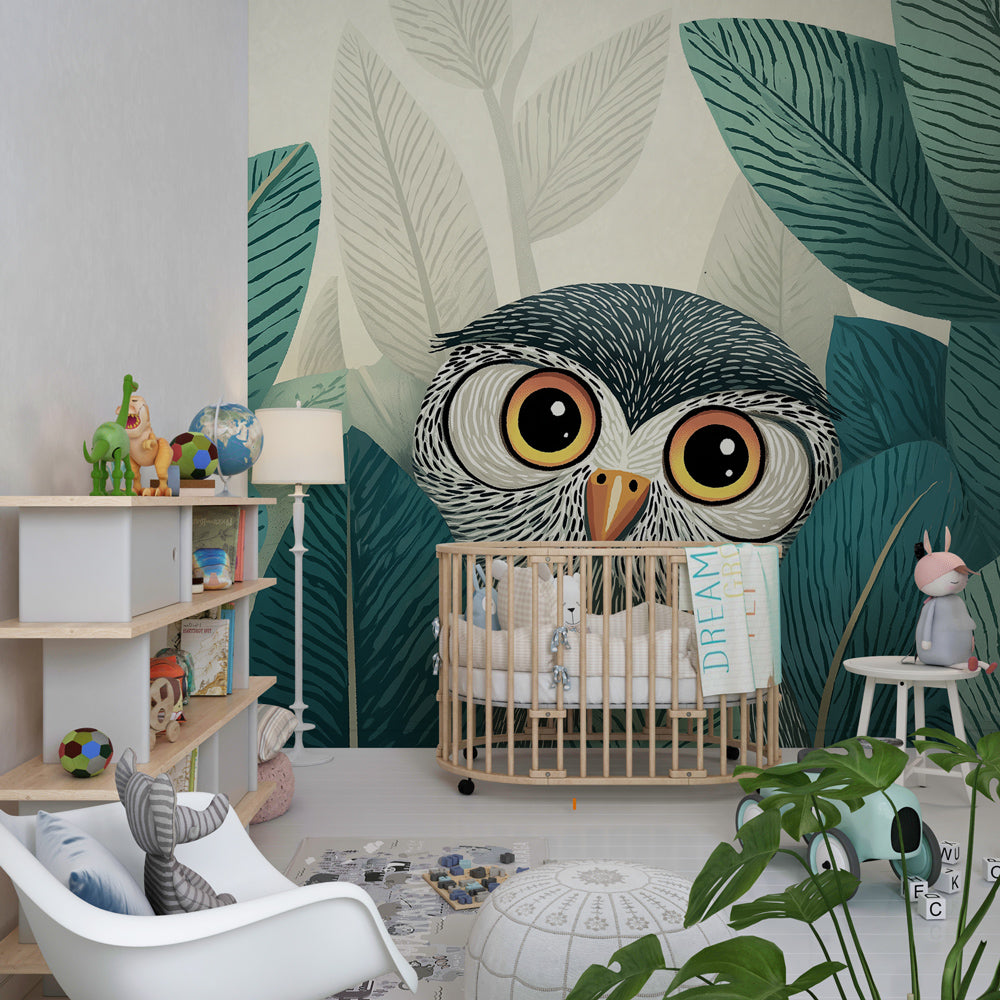 Owl jungle wallpaper transforming children's bedroom into nature adventure space with tropical greenery