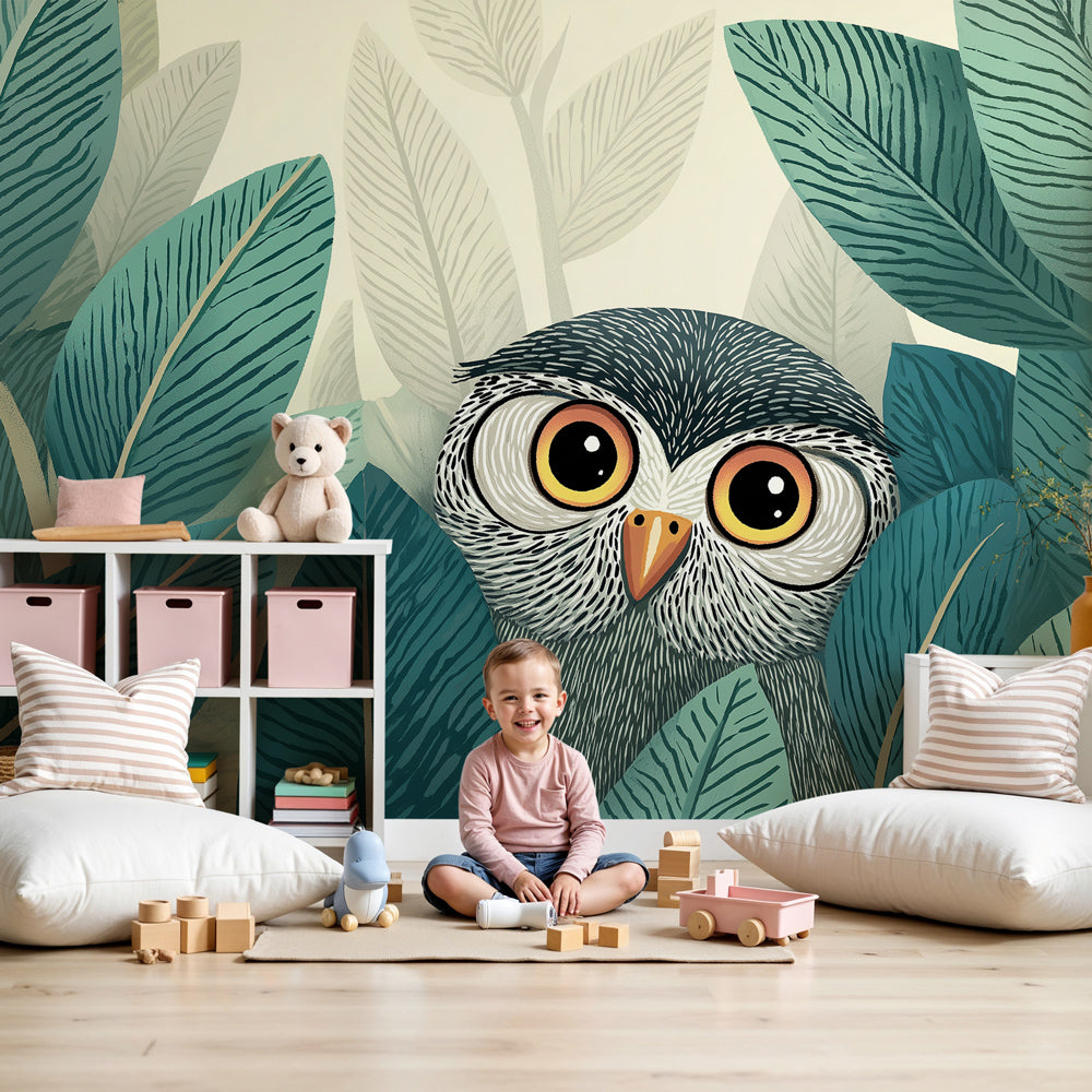 Curious owl jungle mural wallpaper creating magical nursery decor with lush green foliage by Kids-Mundo