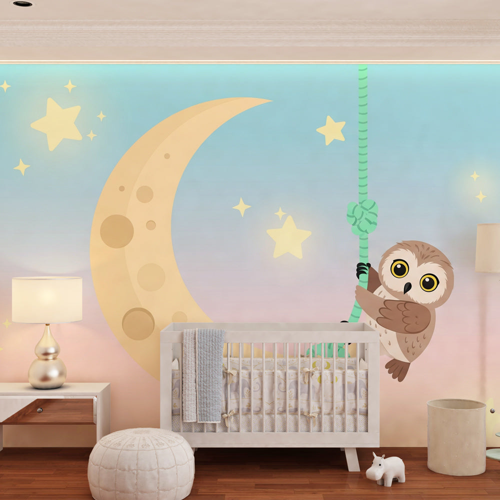 Adventurous owl hanging from moon wallpaper in cozy baby room setting with wooden furniture