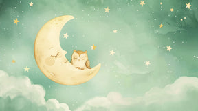 Detailed owl moon mural wallpaper design pattern showing sleepy owl under crescent moon with stars by Kids-Mundo