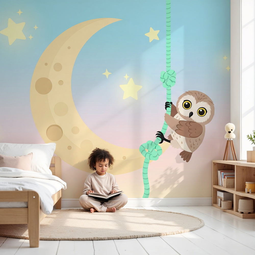 Owl moon mural wallpaper creating magical nursery atmosphere with pastel colors by Kids-Mundo