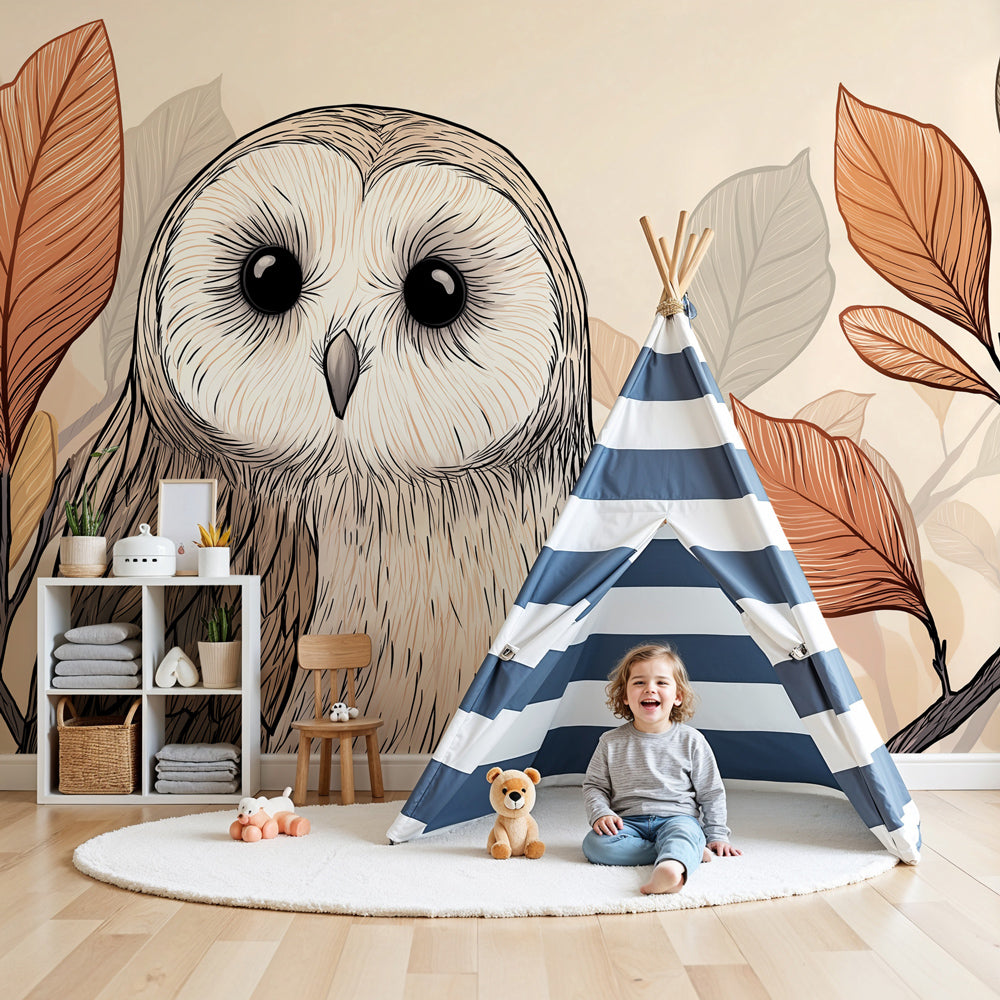 Owl mural wallpaper with autumn leaves decorating cozy children's nursery room by Kids-Mundo