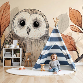 Owl mural wallpaper with autumn leaves decorating cozy children's nursery room by Kids-Mundo