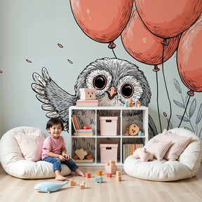 Happy owl mural wallpaper with pink balloons decorating modern baby nursery by Kids-Mundo
