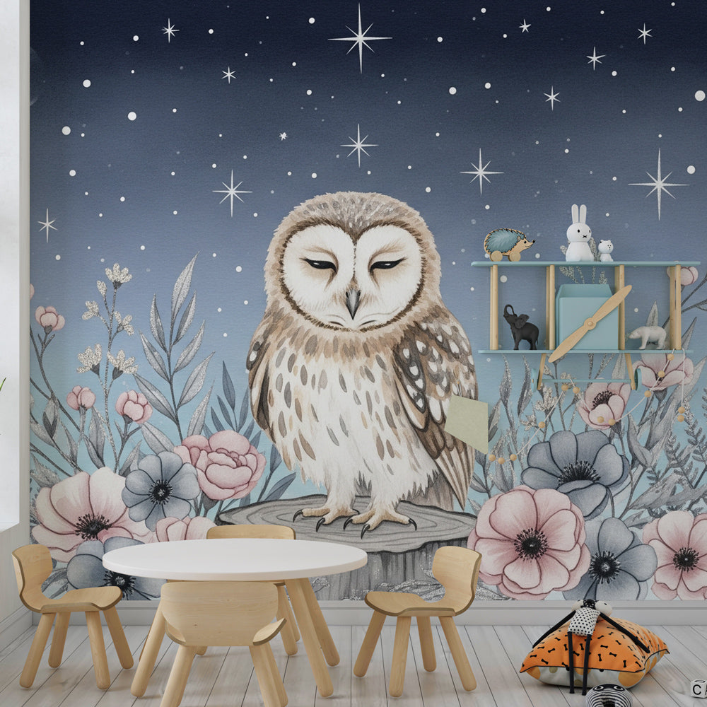 Starry night owl wallpaper creating magical atmosphere in children's bedroom