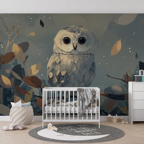 Gentle owl night scene mural wallpaper in cozy kids reading corner with natural wood decor