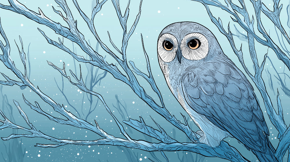 Detailed owl on branch mural wallpaper design pattern in soft blue tones by Kids-Mundo