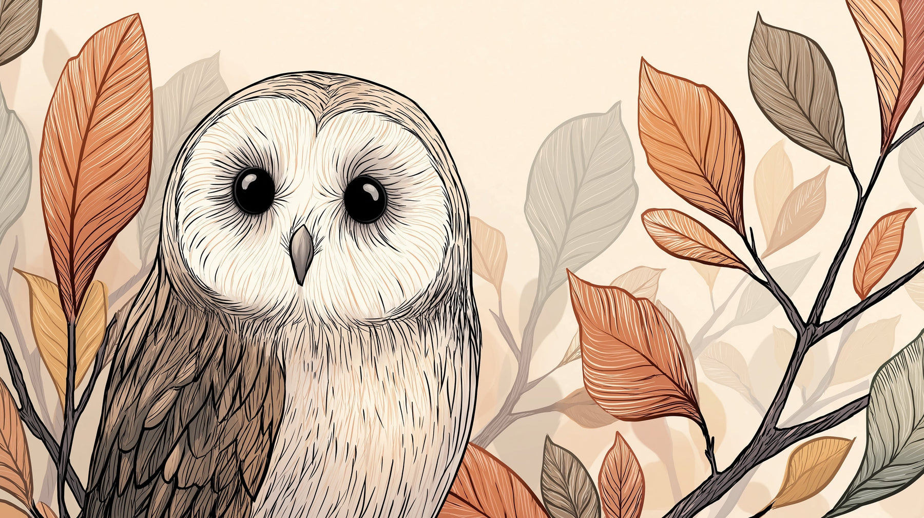 Detailed owl and autumn leaves mural wallpaper design pattern by Kids-Mundo showing forest theme