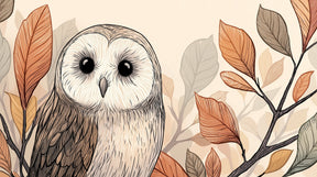 Detailed owl and autumn leaves mural wallpaper design pattern by Kids-Mundo showing forest theme