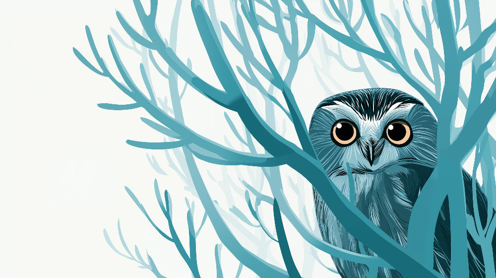 Detailed owl forest mural wallpaper design pattern showing mystical branches in blue-green tones by Kids-Mundo
