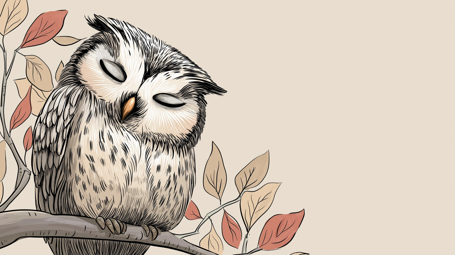 Detailed peaceful owl on branch mural wallpaper design pattern with soft leaves by Kids-Mundo