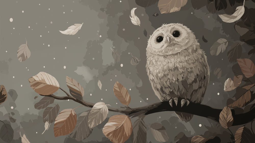 Detailed wise owl with autumn foliage mural wallpaper design pattern by Kids-Mundo