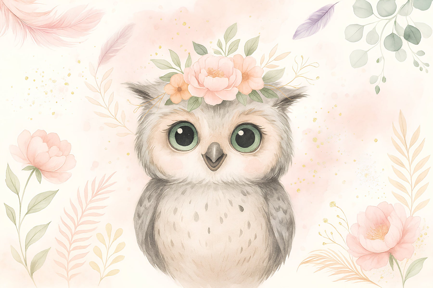 Detailed floral owl mural wallpaper design pattern with pink flowers by Kids-Mundo