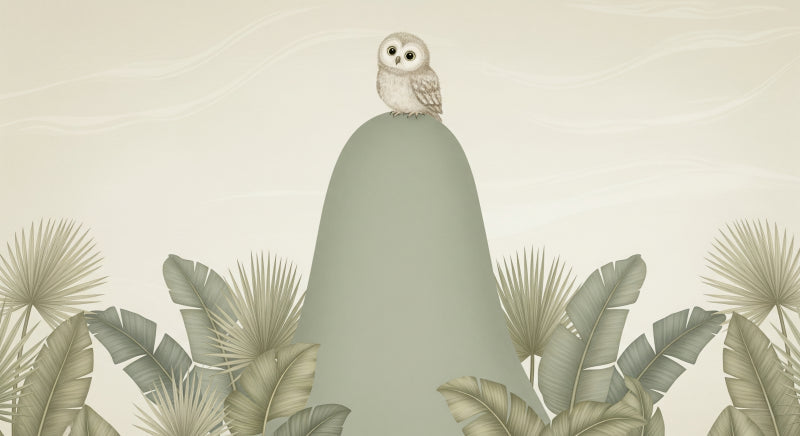 Detailed owl on peaceful hill mural wallpaper design pattern with tropical foliage by Kids-Mundo