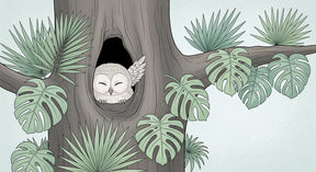 Detailed owl in tree hollow mural wallpaper design pattern with tropical leaves by Kids-Mundo