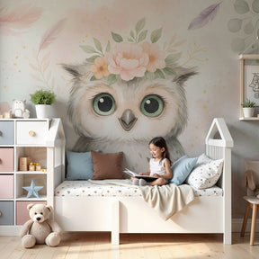 Adorable owl mural wallpaper with pink flowers in cozy nursery setting by Kids-Mundo