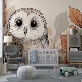 Forest owl wallpaper creating magical woodland atmosphere in kids bedroom with natural decor